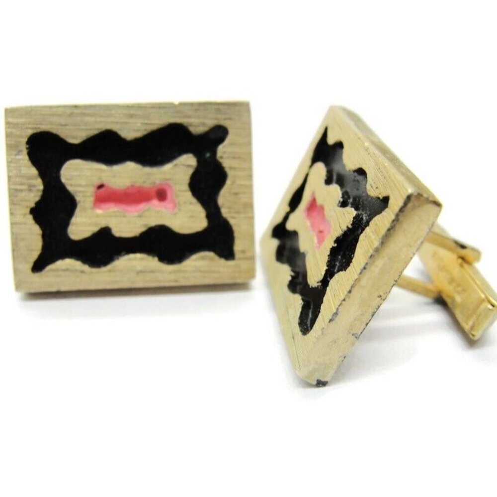 Rectangle Black & Pink Pat Pend Heavy Cufflinks Tux Shirt Dress Suit Vintage